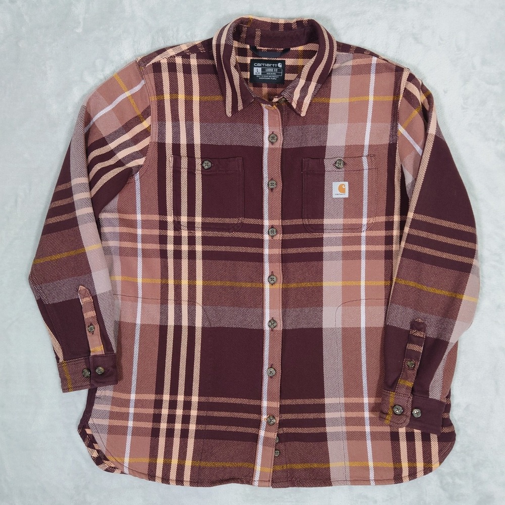 Carhartt Shacket Womens L Loose Fit Heavyweight Twill Cotton Brown TW5576-W
